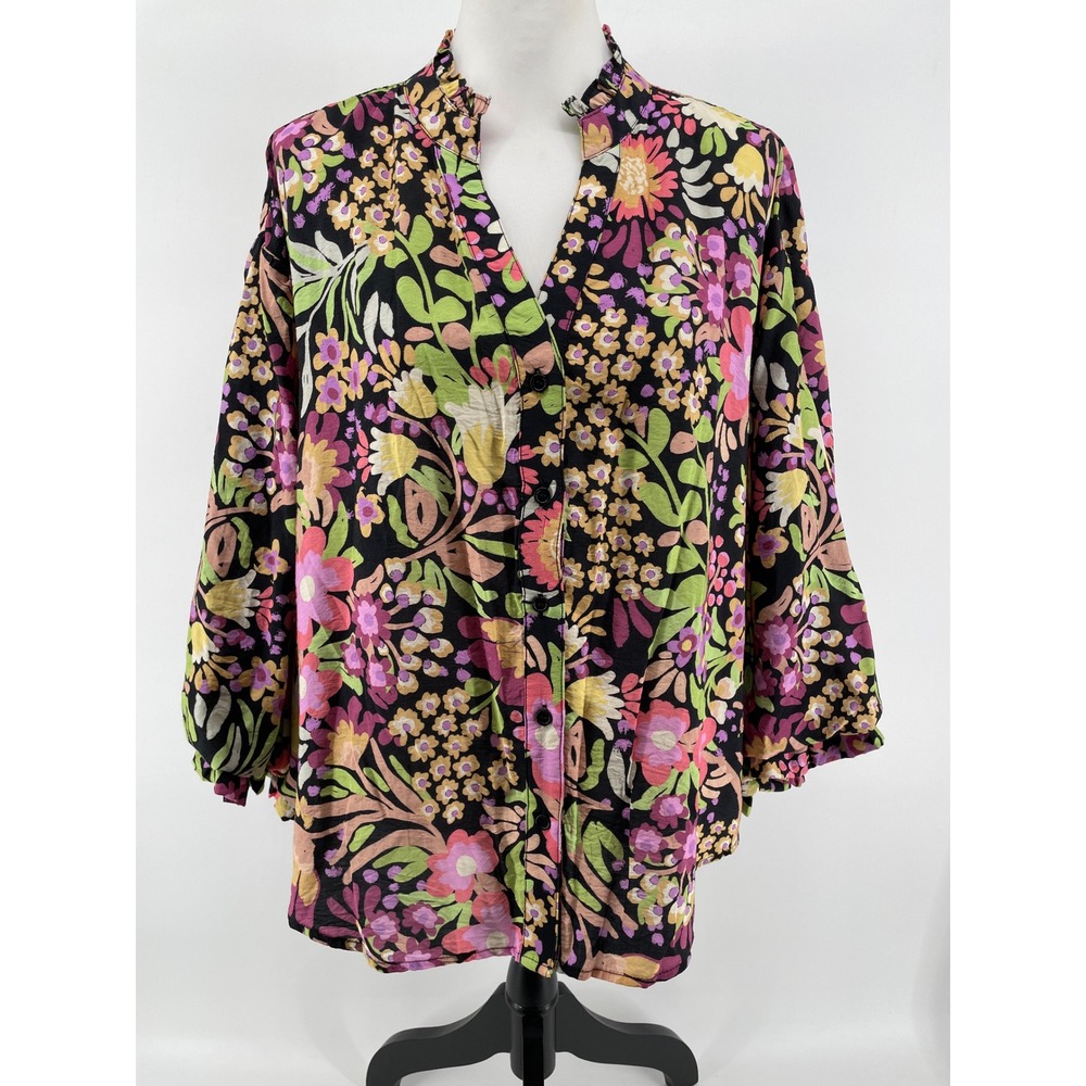 Fate Floral Button Front Top Womens Large Black Artsy Boho Garden Party Ruffle